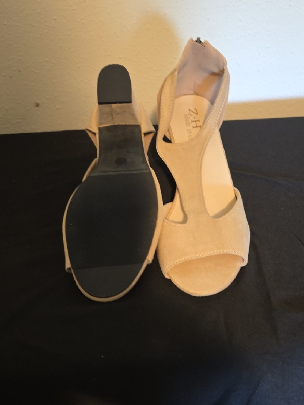 Nude Suede T-Strap Block Heel Sandals - Picture 9 of 13